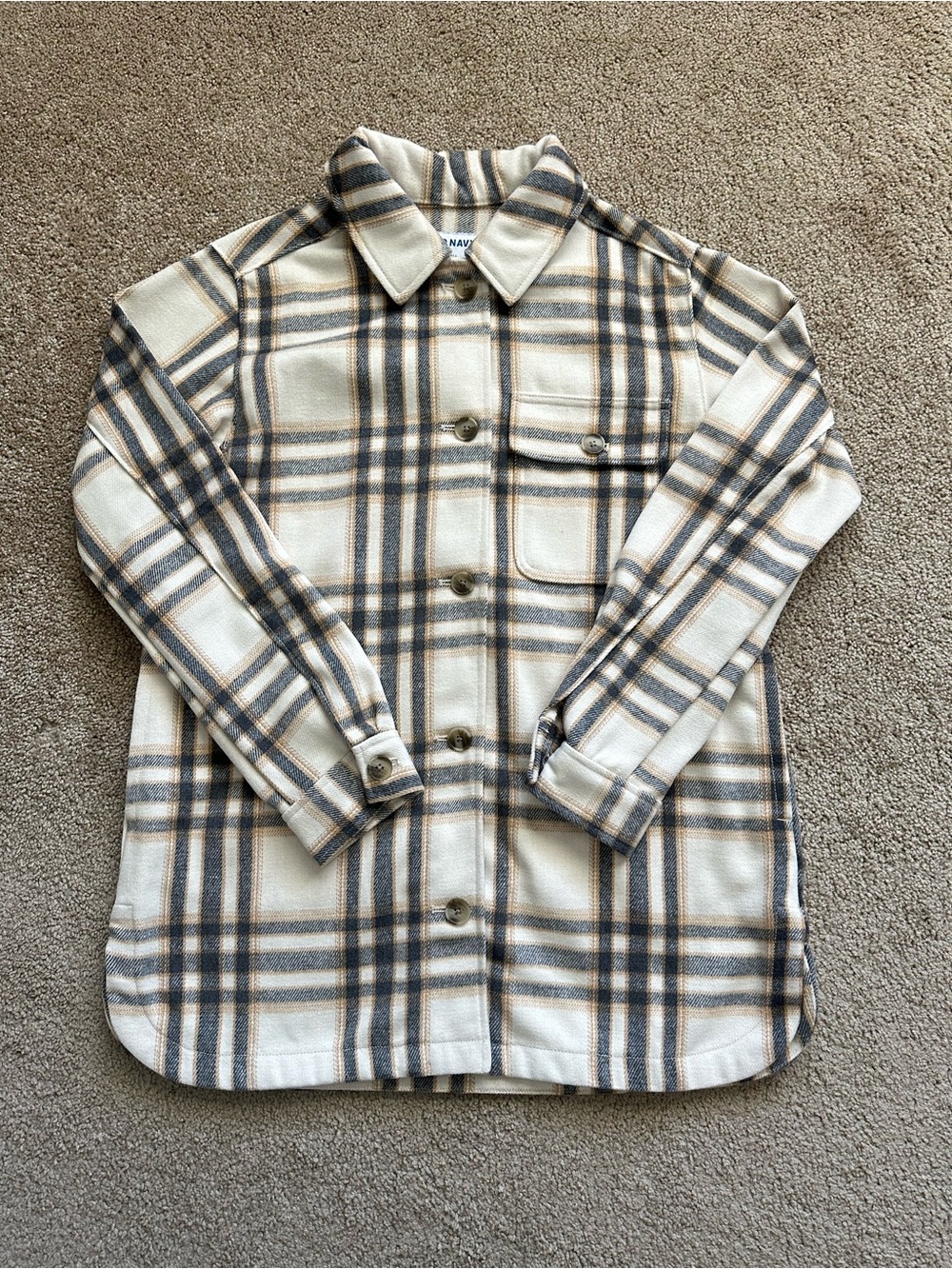 Old Navy Cream Plaid Button-Up with Tan & Gray Stripes